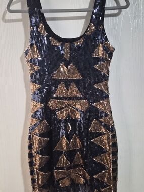 Sequin Geometric Sheath Dress - Navy & Gold, Charlotte Rousse